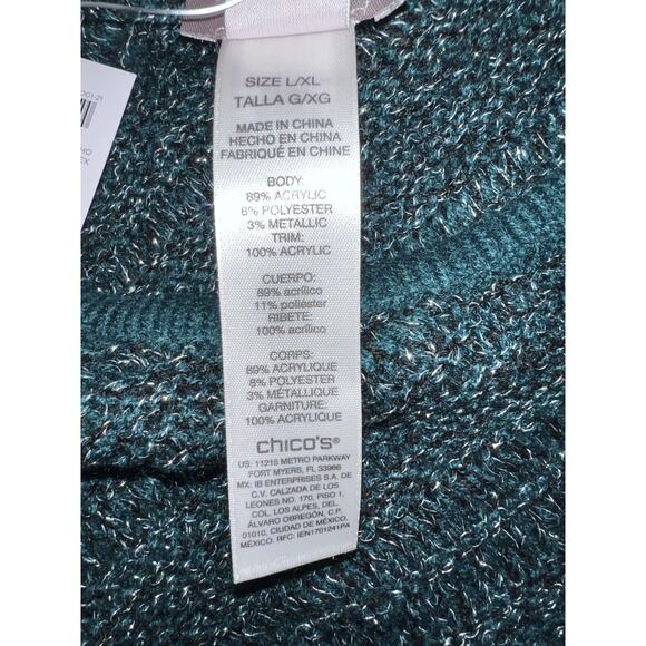 New Chico's Sweater Sz L/XL Goddess Green Metallic Marbled Knit Triangle Poncho - Picture 8 of 9